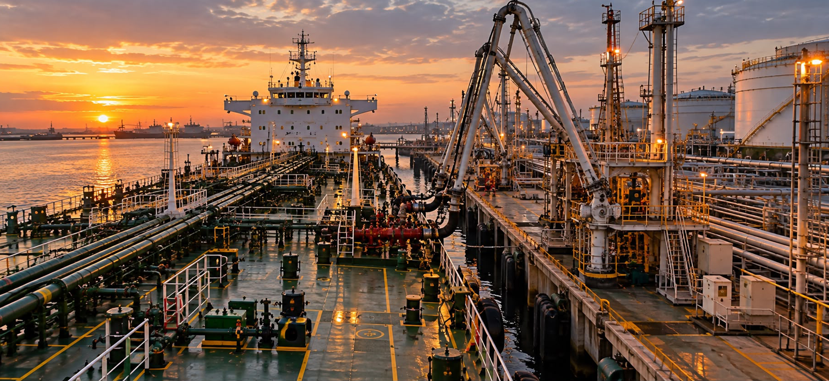 Container ship and offshore platforms at sunset